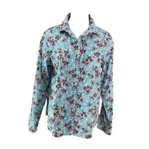 Lands’ End Button Up Shirt 14 No Iron Supima Floral Blue Pink Women Cotton